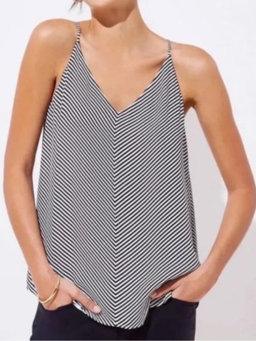 LOFT Petite Black White Striped V Neck Swing Cami Tank Top XSP